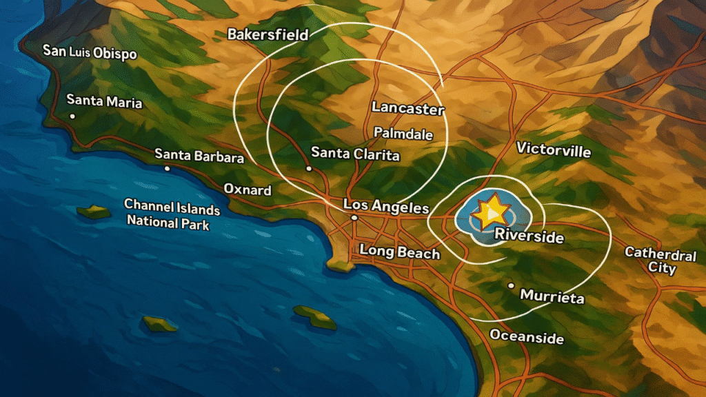 🌍 4.4-Magnitude Quake in San Bernardino Jolts Southern California, What You Should Know ? 2
Map of the United States highlighting the location of the 4.4-magnitude earthquake near San Bernardino, with markers on Los Angeles and surrounding cities in Southern California.