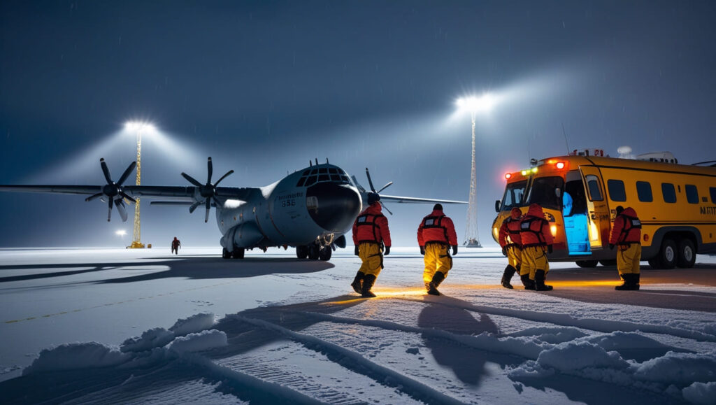 US research station staff in medical evacuation mission with C-130 landing at night