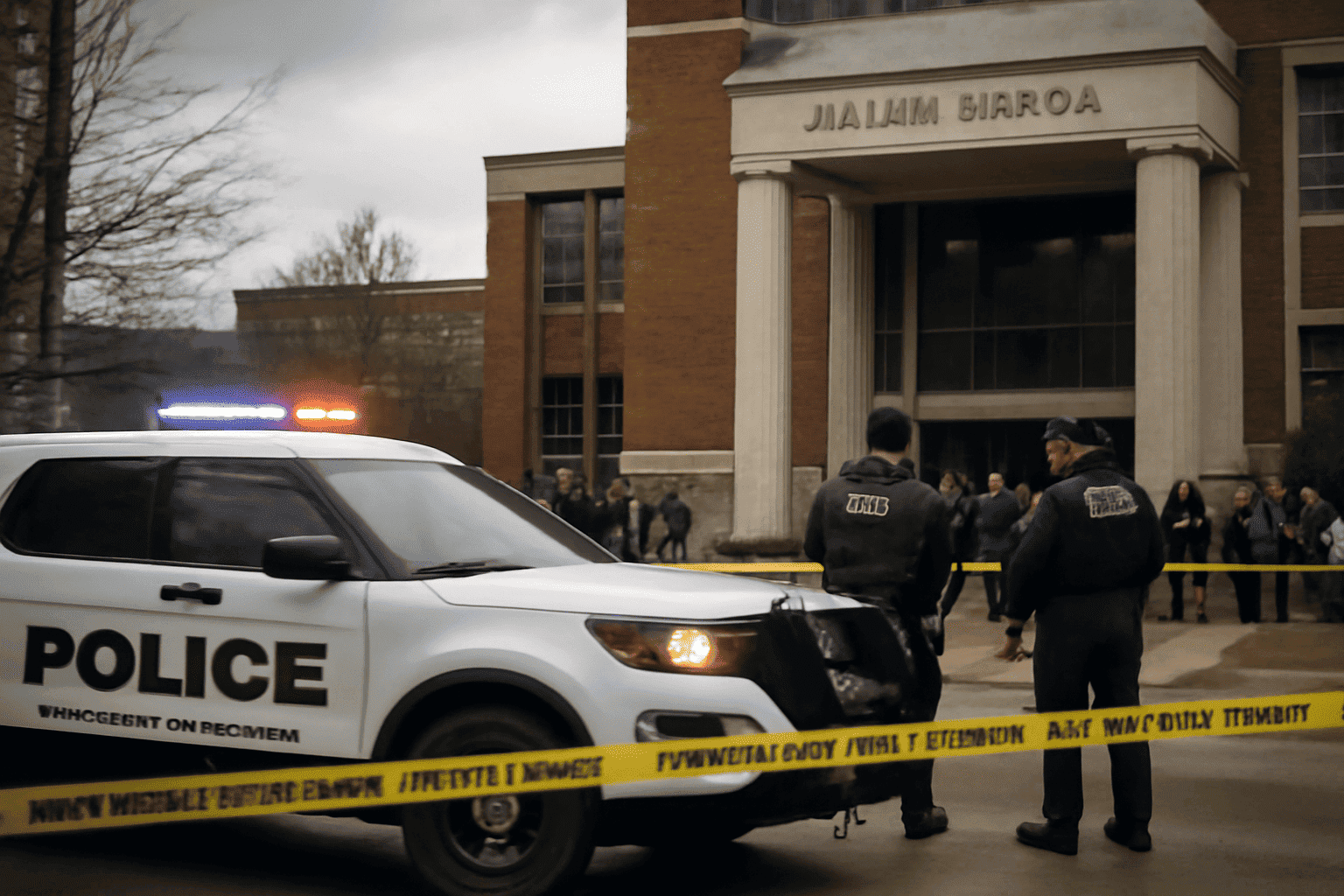 Law enforcement outside Mullins Library at University of Arkansas during an active shooter alert.