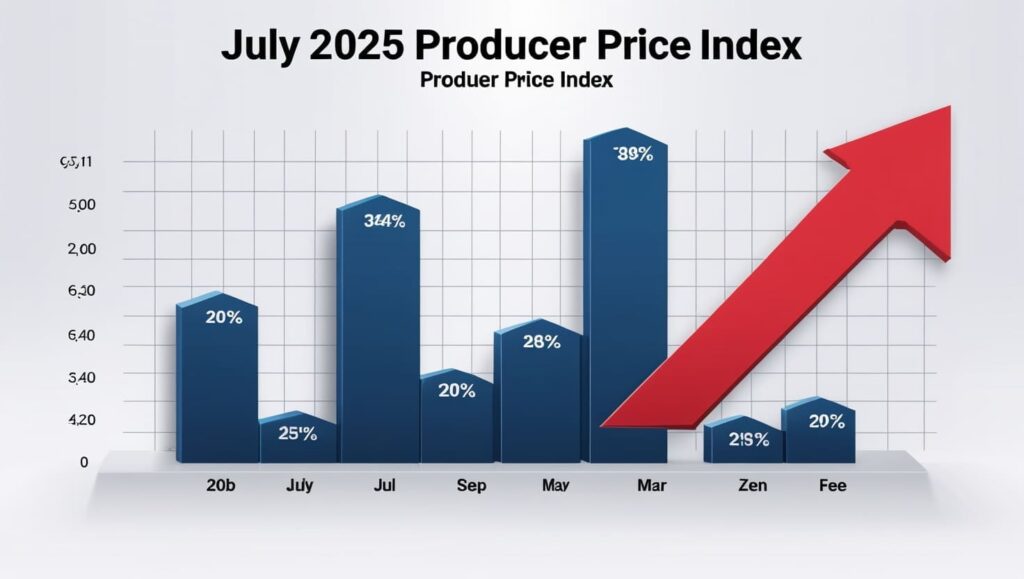 U.S. Producer Prices Surge 0.7% in July—Biggest Spike in Three Years Shakes Markets 2 Bar chart showing the July 2025 Producer Price Index with blue bars labeled by month and category, and a large red arrow indicating a rising trend.