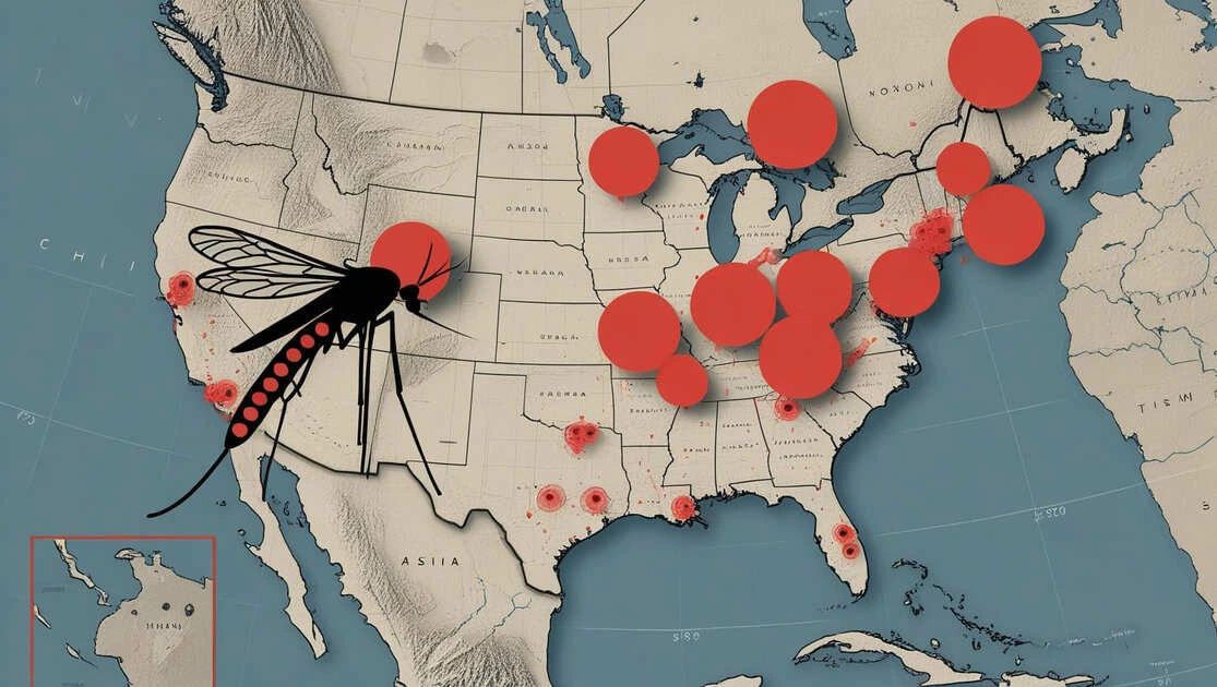 Map showing Chikungunya virus hotspots in Ohio and Asia with mosquito icons