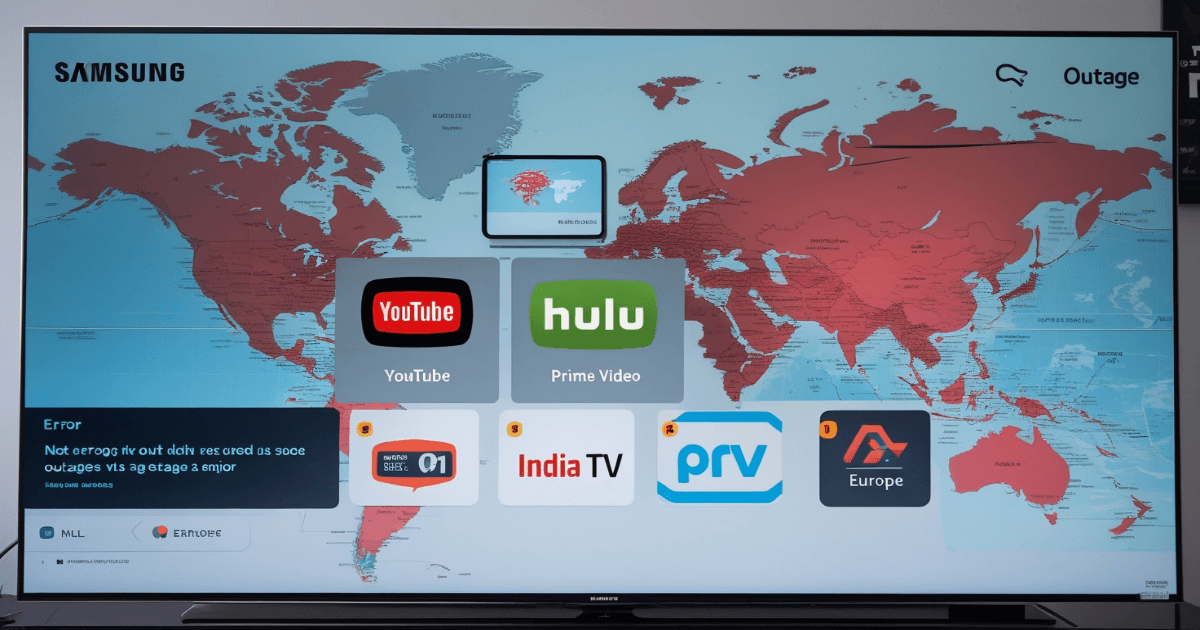 Samsung Smart TV screen displays error messages over global outage map