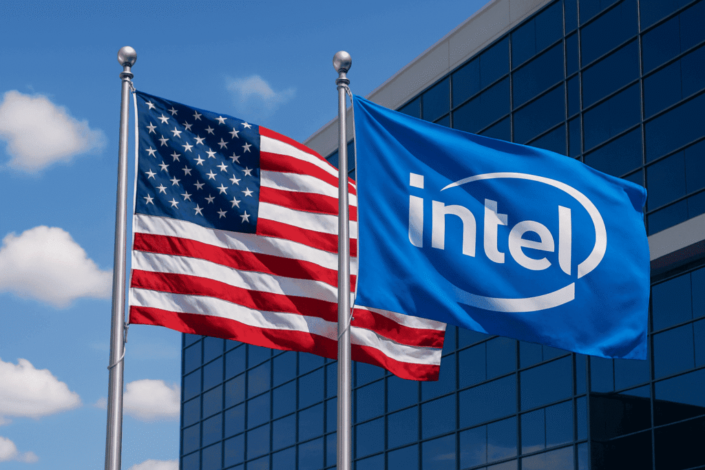 U.S. to Acquire 10% Equity in Intel, Trump Announces 2 U.S. and Intel flags at headquarters symbolizing the government’s new equity stake in the chipmaker.