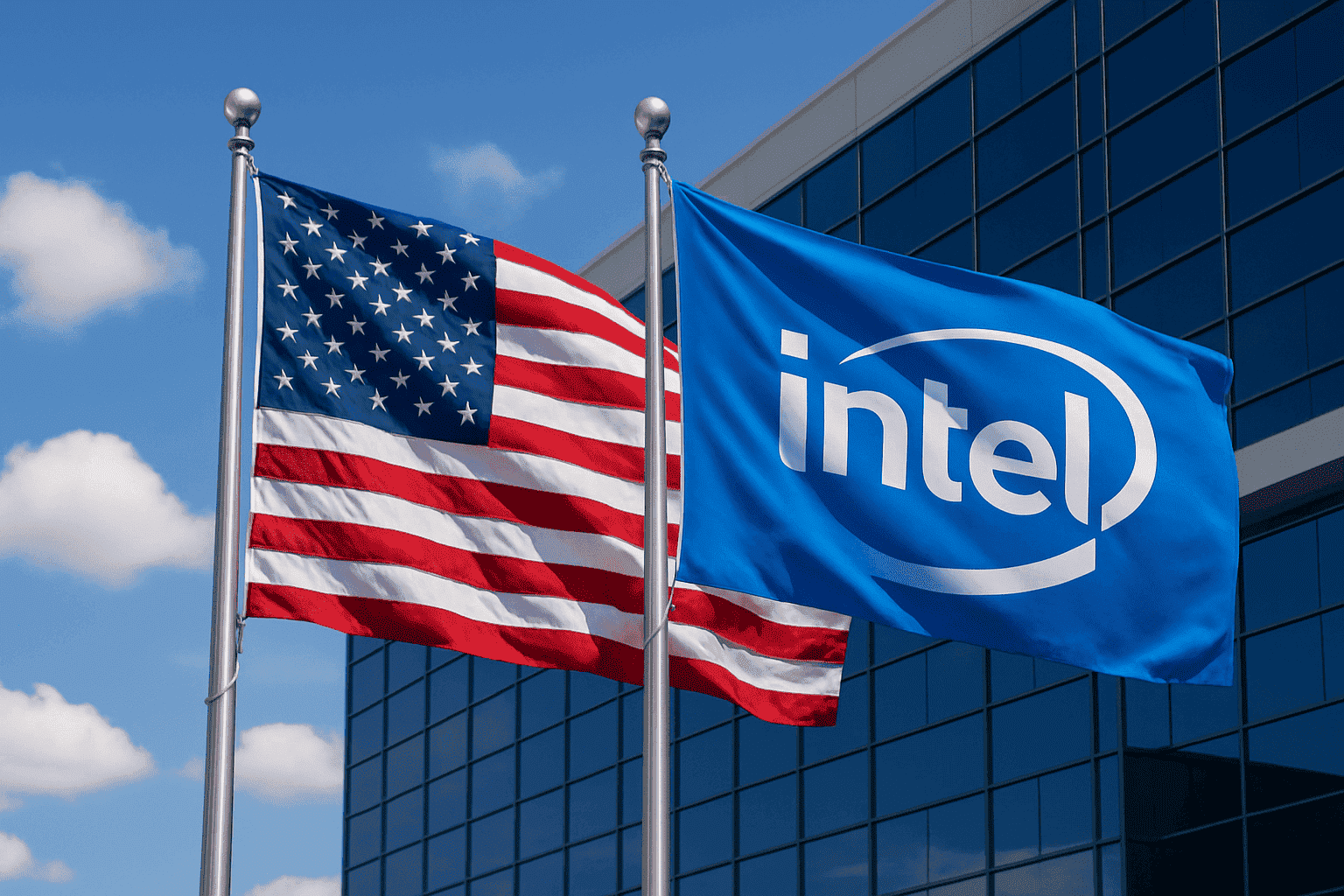 U.S. and Intel flags at headquarters symbolizing the government’s new equity stake in the chipmaker.