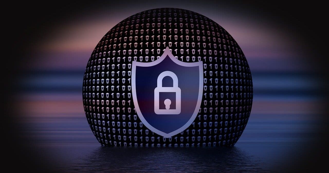 Privacy Policy 1 A dark sphere covered with binary code (ones and zeros) floating above water, overlaid with a shield icon featuring a padlock, symbolizing digital security and data protection.