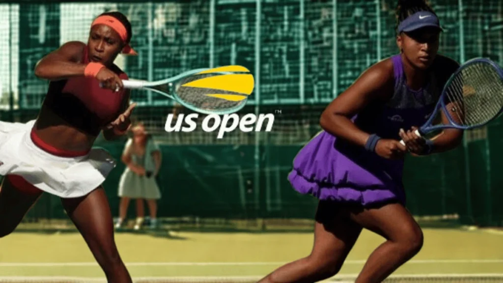 Gauff vs. Osaka Rematch: High-Stakes U.S. Open Showdown Six Years in the Making 2 Two female tennis players coco Gauff vs Naomi osaka in action on a court with the US Open logo visible in the background.