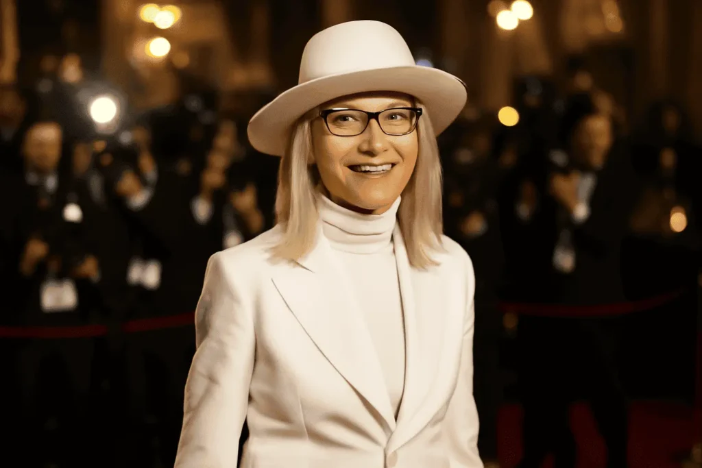 Diane Keaton at a Hollywood event before her death, wearing a white suit and hat