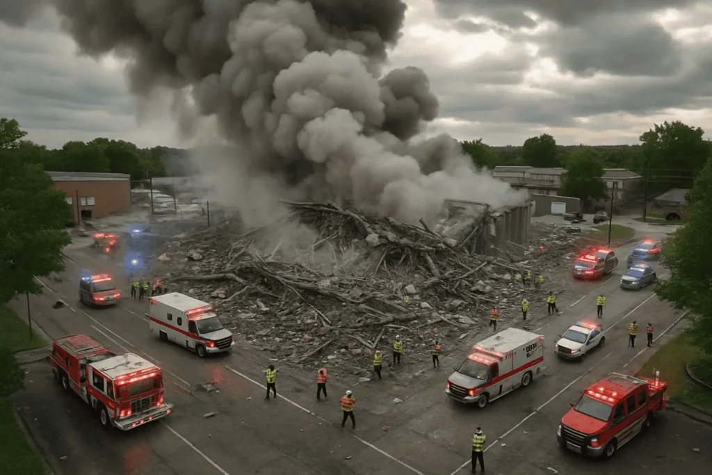 Tennessee explosives plant explosion aftermath aerial view