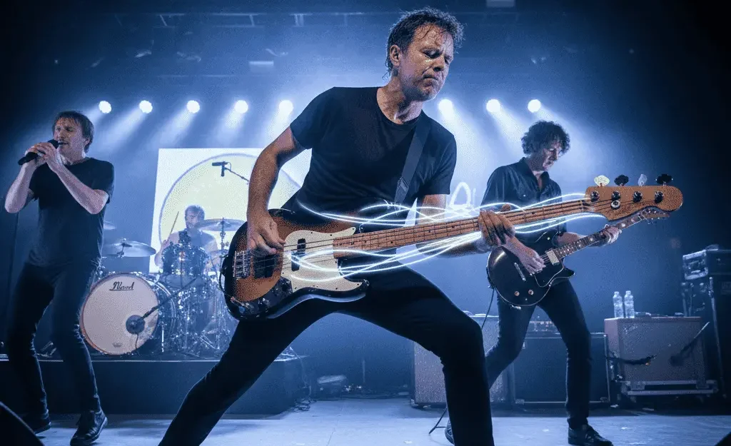 Gary “Mani” Mounfield playing bass with The Stone Roses