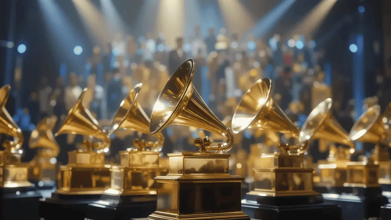 2026 GRAMMYs nominations ceremony with Grammy trophies on stage