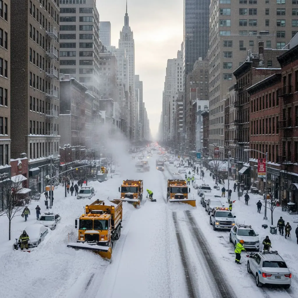 Snow covers streets in New York City during winter storm