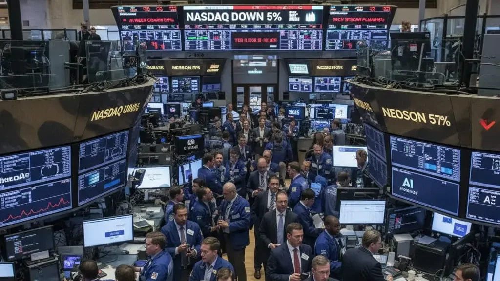 Tech Sell-off Hits Markets as Broadcom Leads Stocks Lower 2 U.S. stock market traders reacting to tech sell-off on Wall Street