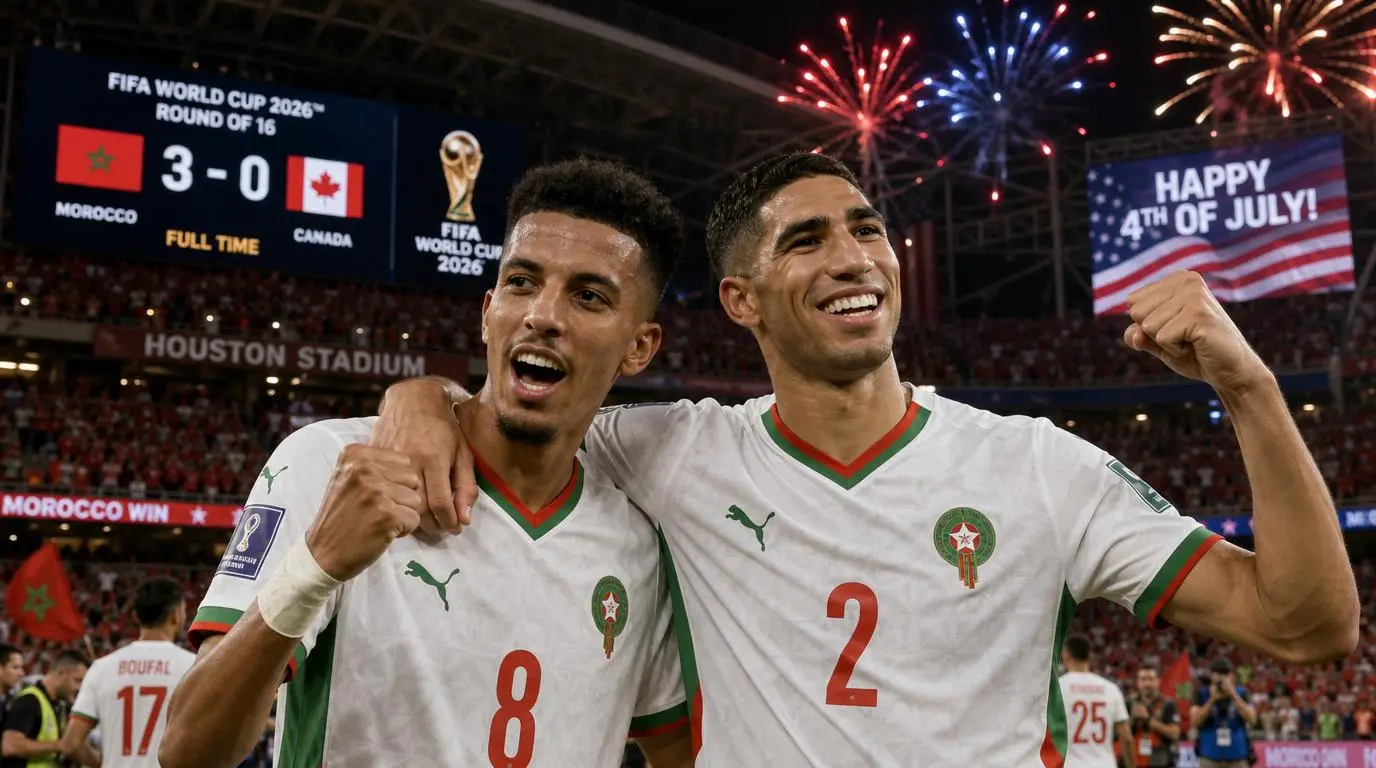 Morocco World Cup 2026 quarterfinal Ounahi brace Canada 3-0 Houston Stadium July 4